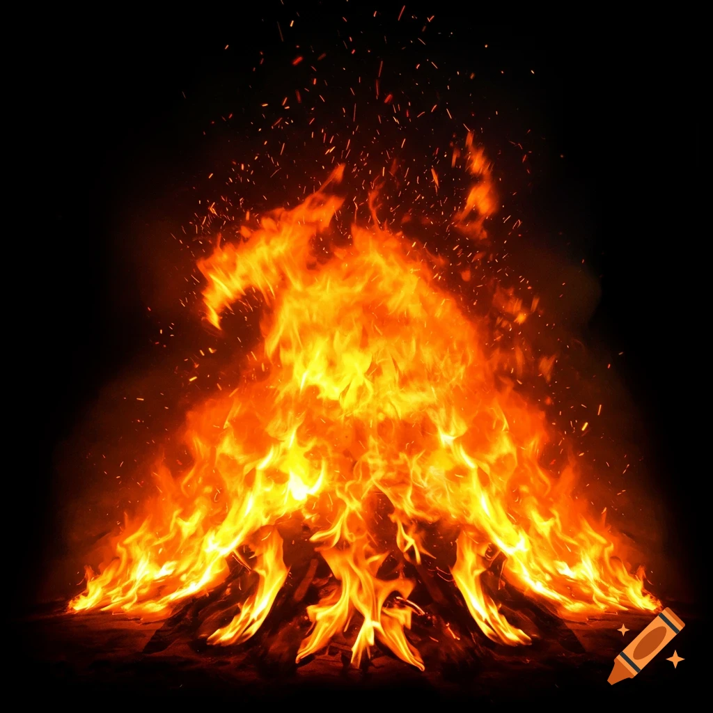 A large bonfire with sparks.