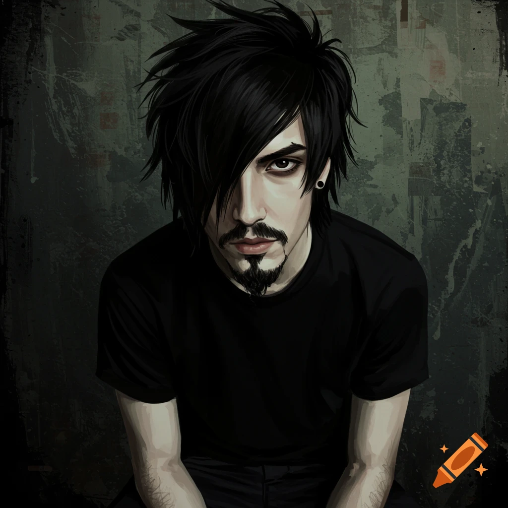 A man with dark emo hair, dark eye makeup, and a goatee, wearing a black shirt.
