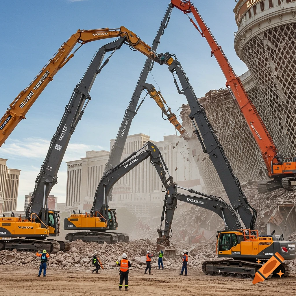 Multiple large demolition excavators with high reach booms tearing down a building in a city, with construction workers watching.
