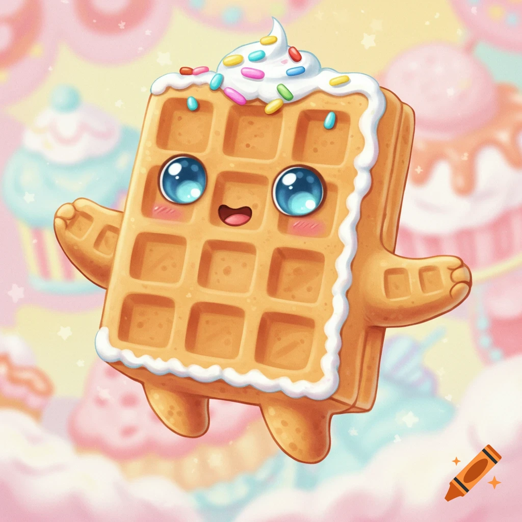 A cute cartoon waffle character floats in a pastel world of cupcakes and clouds.