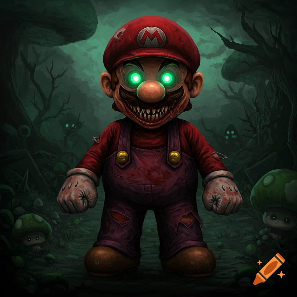 Image of a spooky, monstrous Mario with sharp teeth and glowing eyes in a dark forest with creepy mushrooms.
