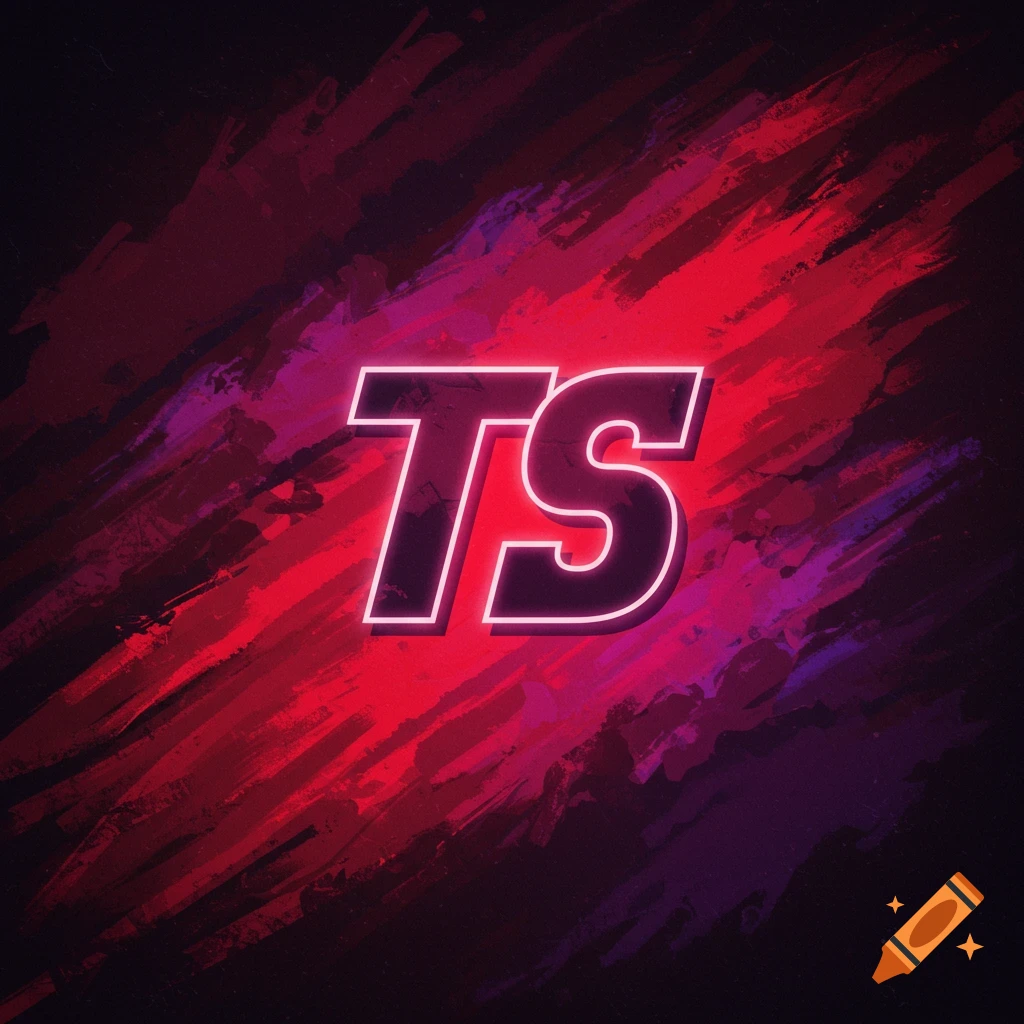 Stylized red and purple outlined letters 'TS' on a background of red, purple, and black brushstrokes.