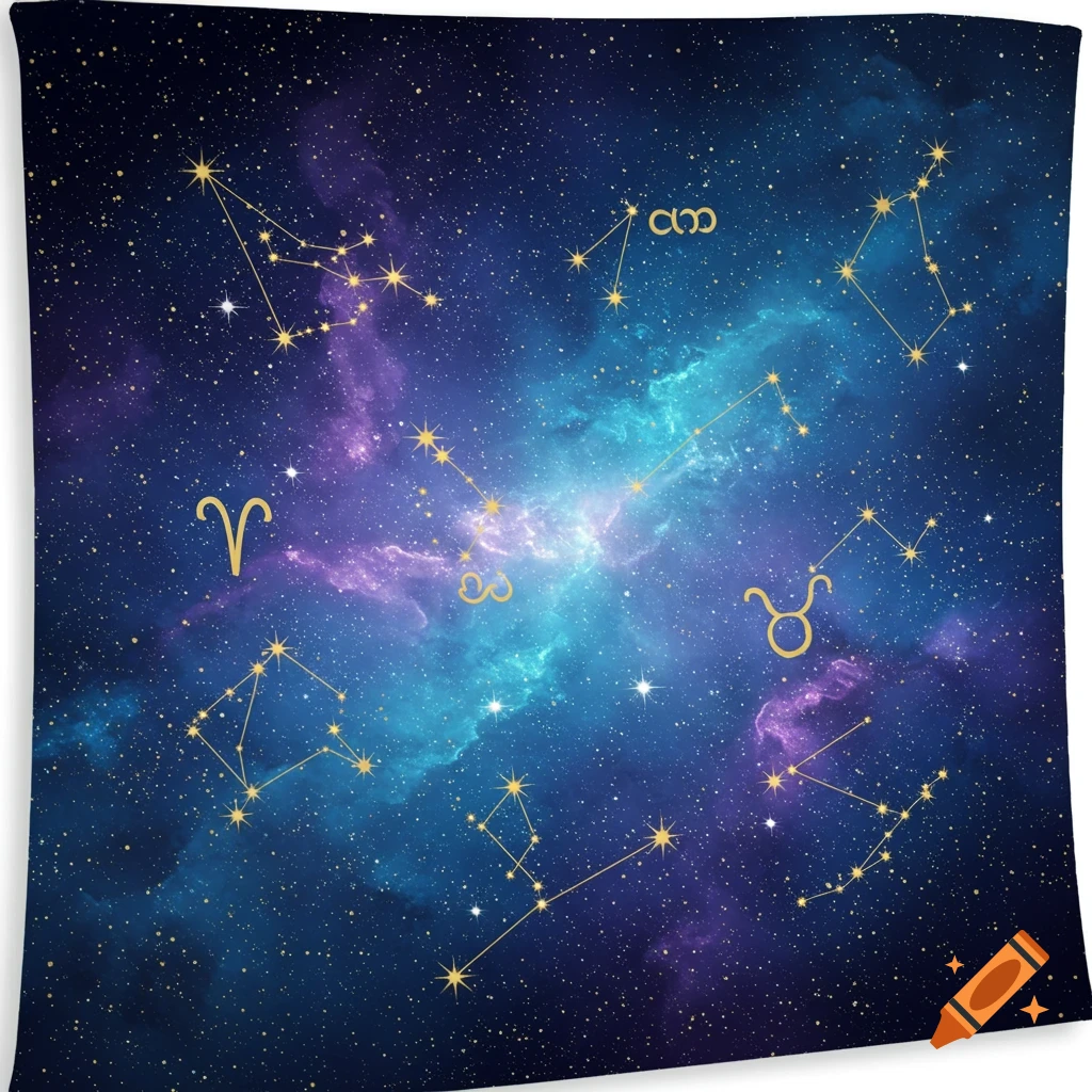 Cosmic sky with constellations and zodiac signs