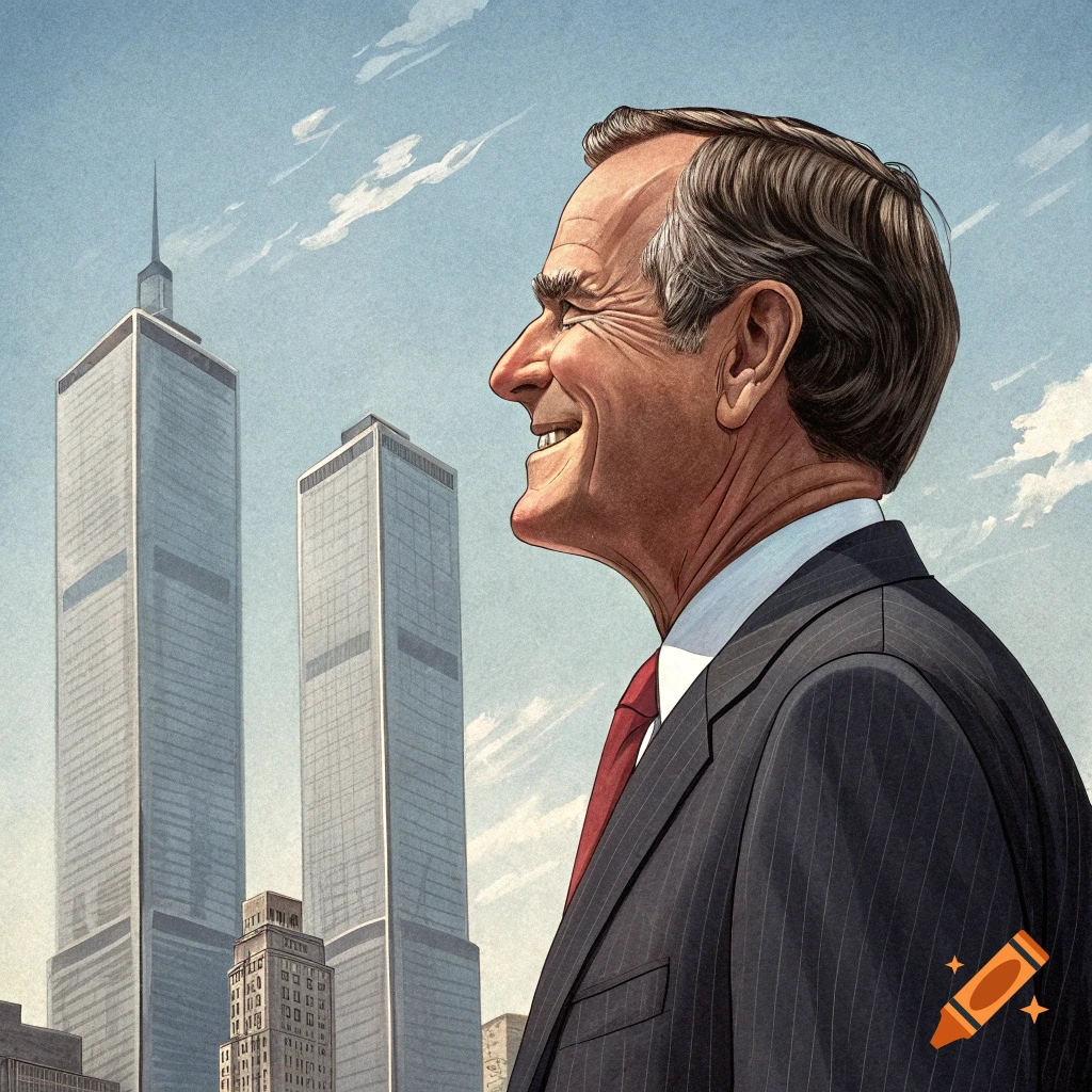 Painting of George H. W. Bush smiling with the World Trade Center towers behind him.