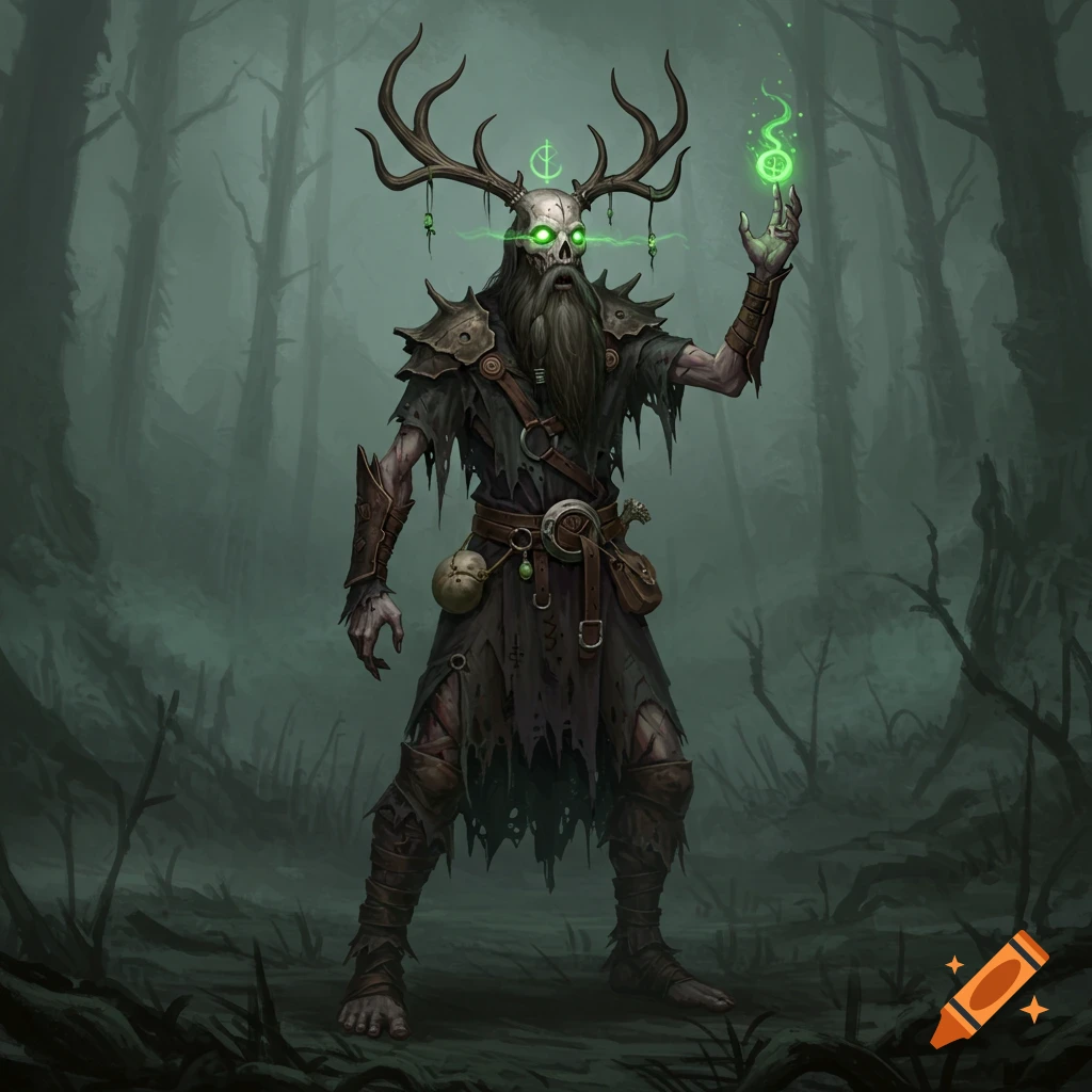 A skeletal figure with antlers, a beard, and glowing green eyes holds green magic in a misty forest.