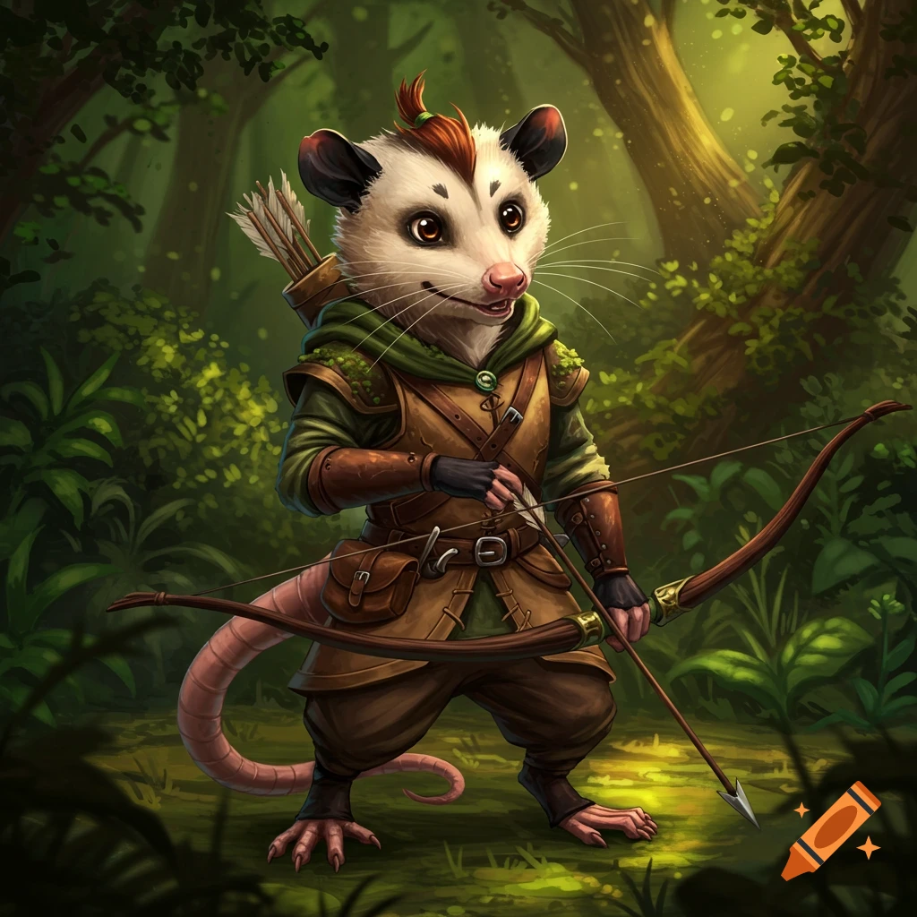 An opossum character dressed as a ranger holding a longbow in a forest.