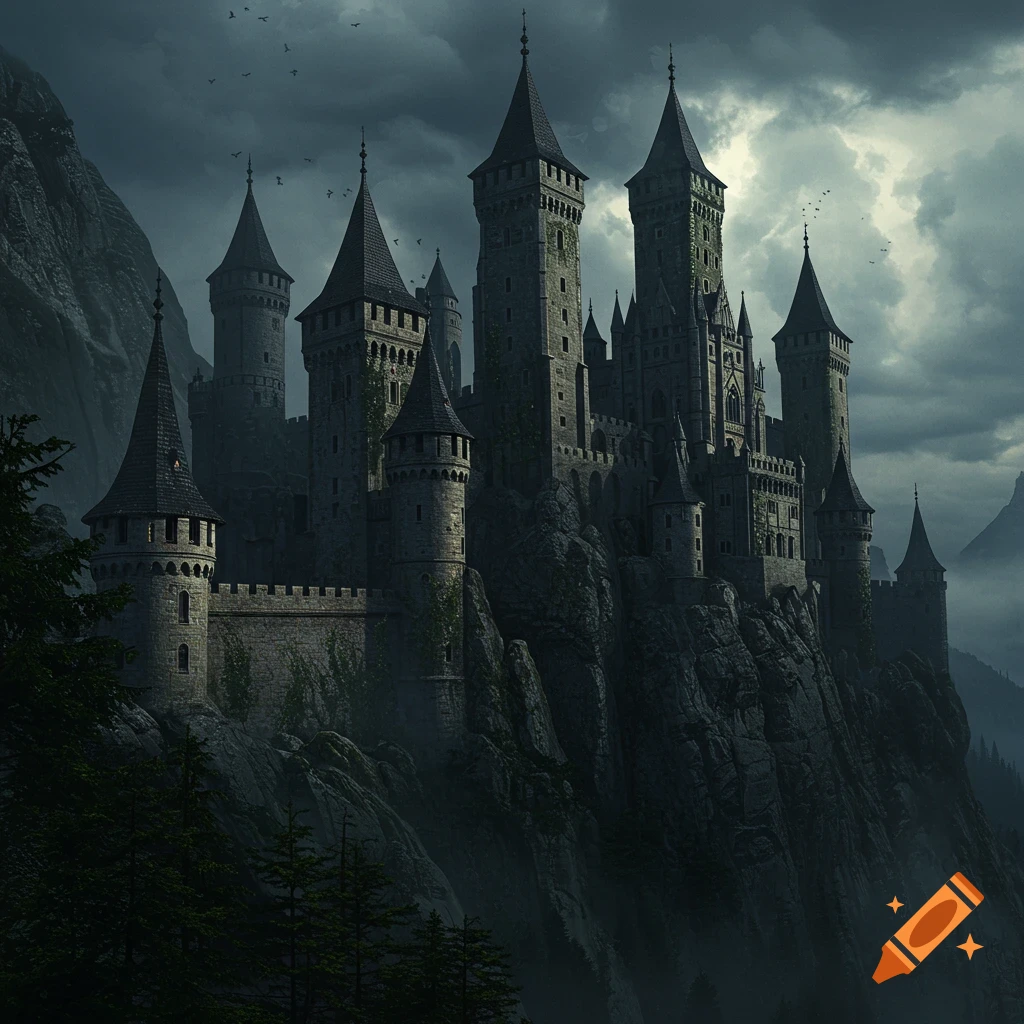 A gothic castle stands high on a rocky cliff under a dark, cloudy sky.