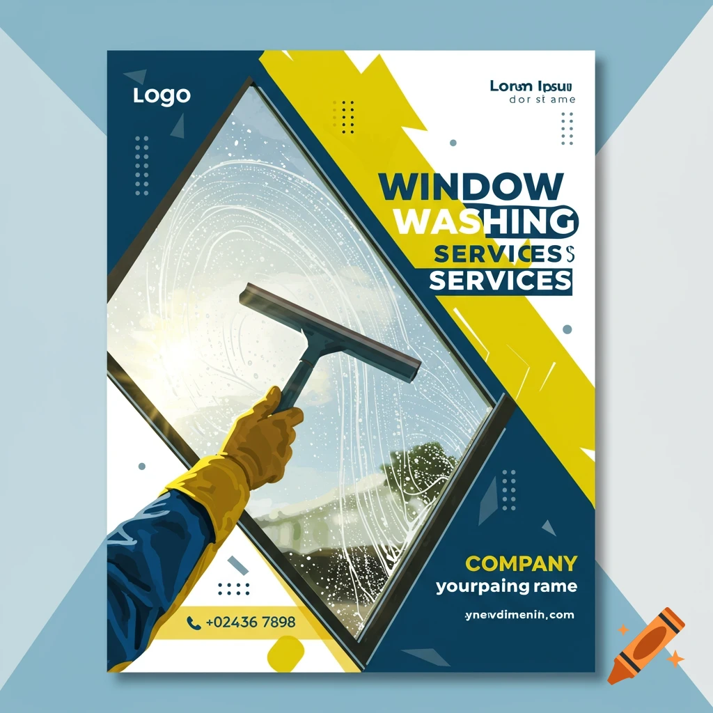 A flyer for window washing services with a hand using a squeegee on a window.