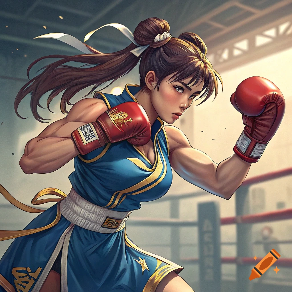 Anime style illustration of a muscular woman resembling Chun-Li wearing blue boxing gear and red gloves in a boxing ring.