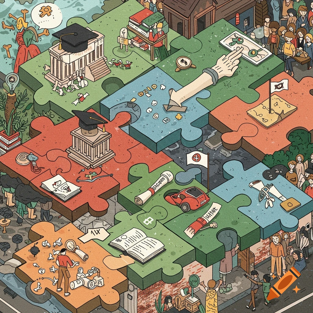 Isometric illustration of a puzzle representing education and society with buildings, people, and objects on the pieces.