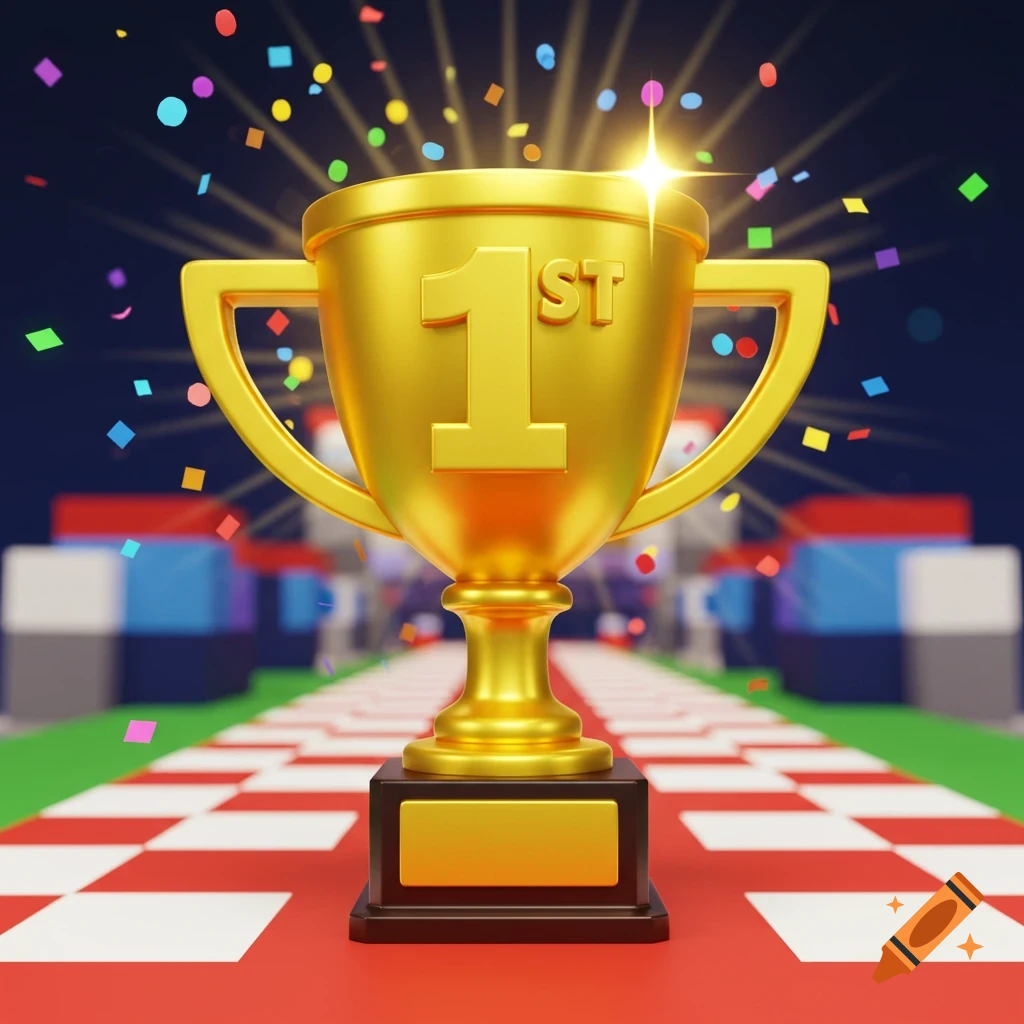 Golden 1st place trophy on a checkered path with confetti, 3D illustration.