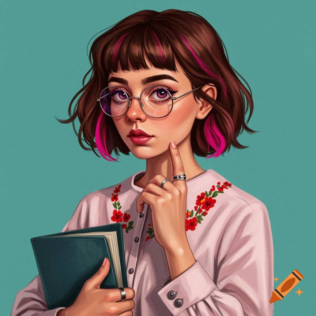 A girl with glasses and pink highlights in her hair is holding a book.