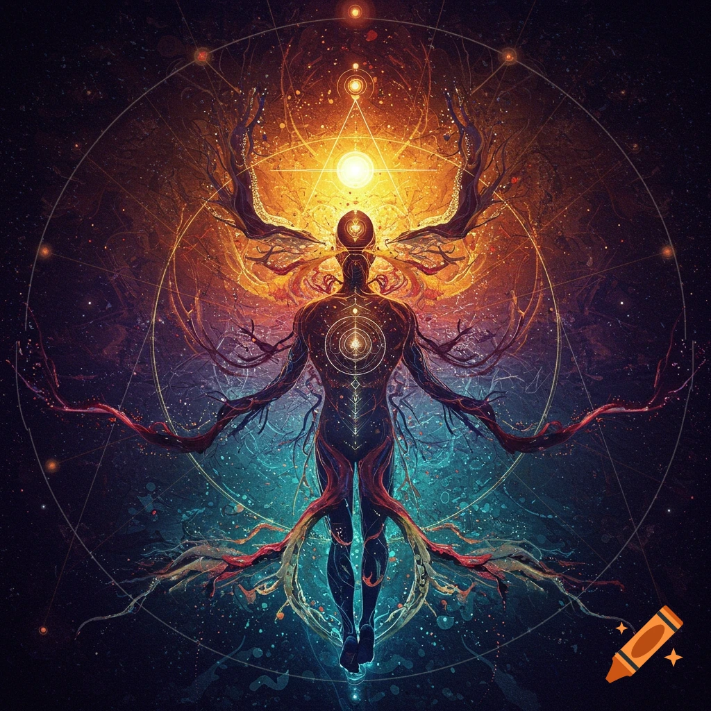 A figure with roots and branches is shown against a cosmic background filled with geometric patterns and brilliant light.