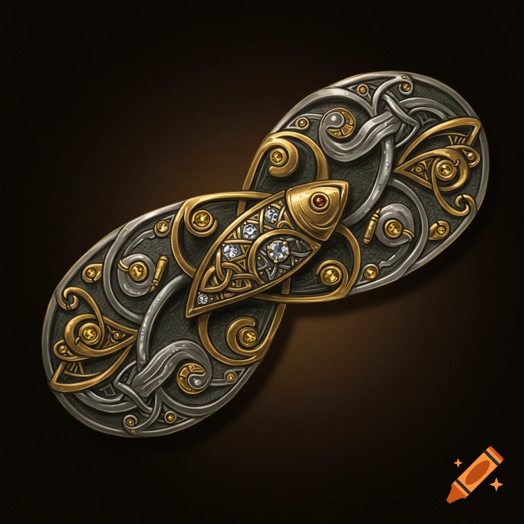 Detailed metal broach with a fish and gems in a Celtic knot design