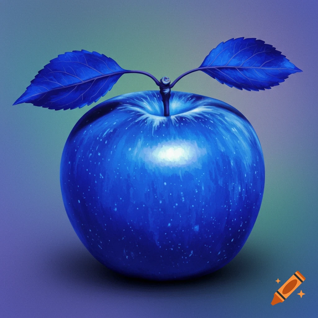 A blue apple with leaves.