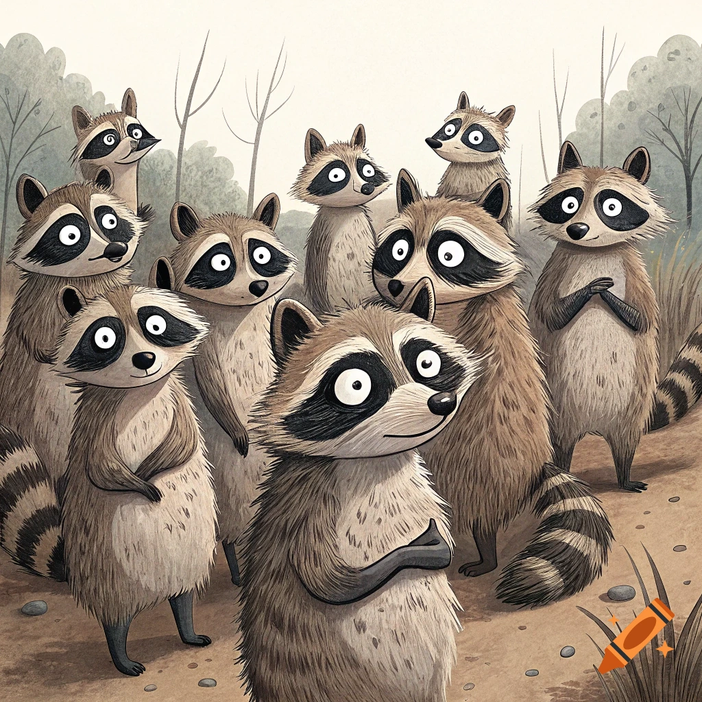A group of cartoonish raccoons with large eyes stand on a path in the woods.