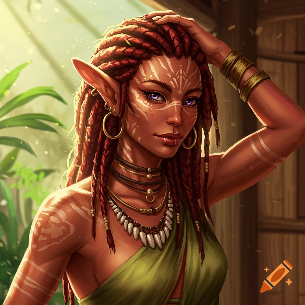 A fantasy woman with dreadlocks, purple eyes, tribal markings, and pointed ears.