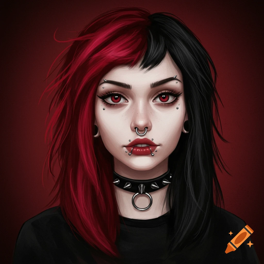 A woman with split red and black hair, red eyes, and facial piercings.
