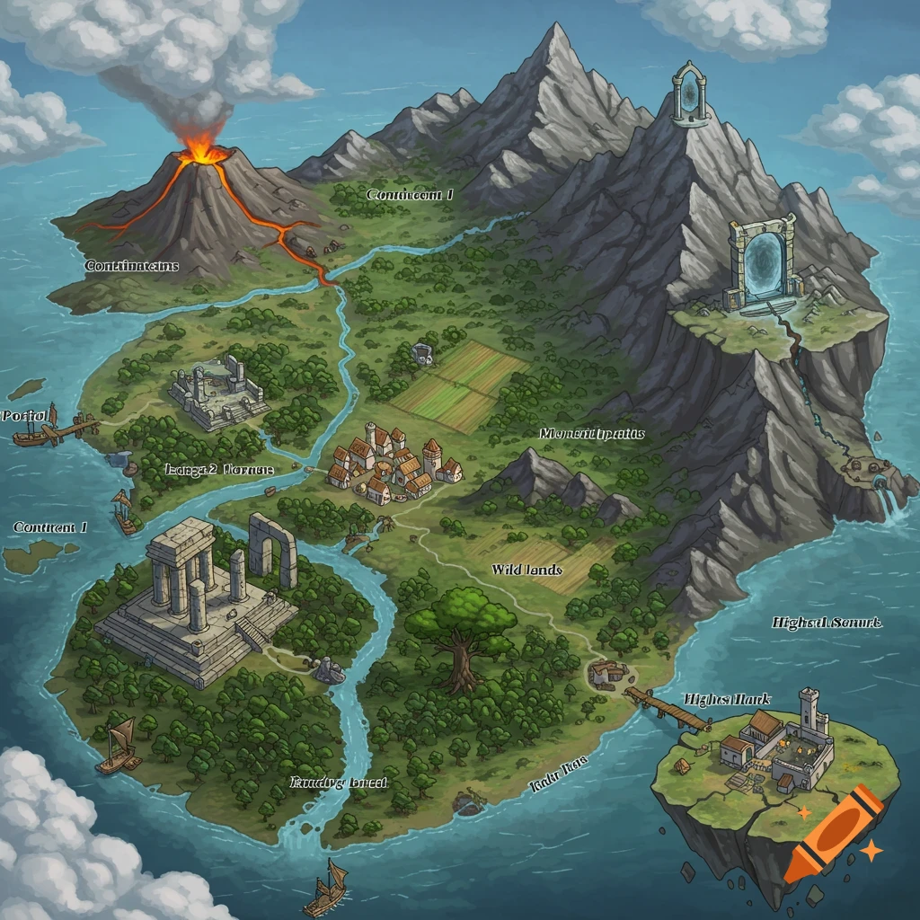Illustrated fantasy map with islands, volcano, mountains, forests, rivers, villages, ruins, and portals.