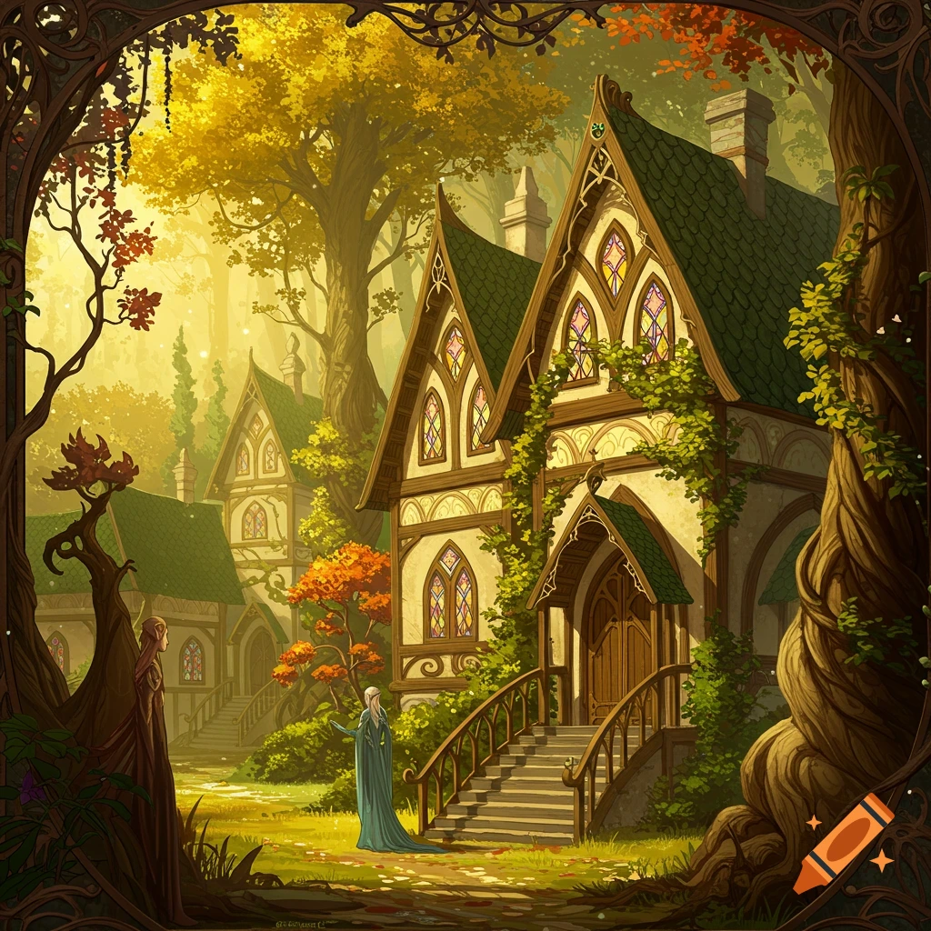 An elven village in a forest with two figures, in an art nouveau style.