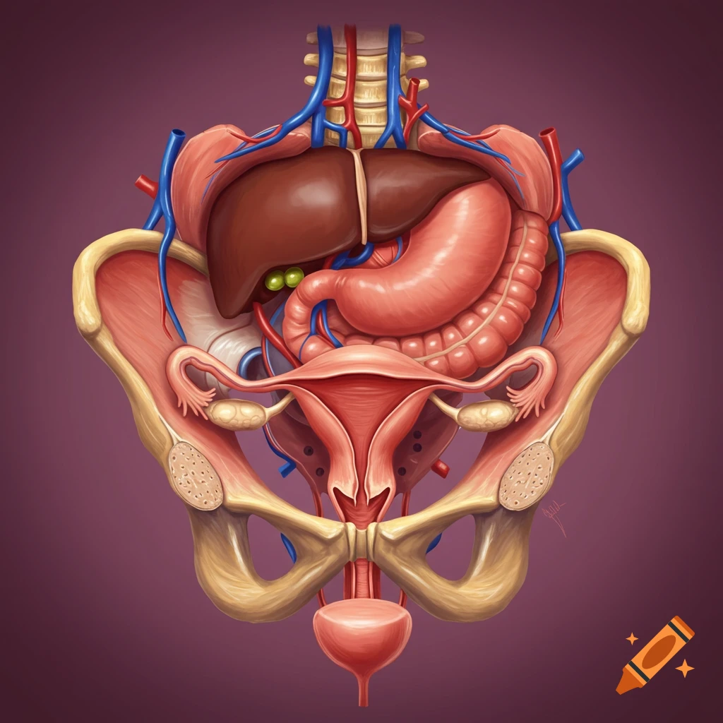 Illustration of female anatomy showing pelvis, uterus, ovaries, liver, stomach, and bladder.