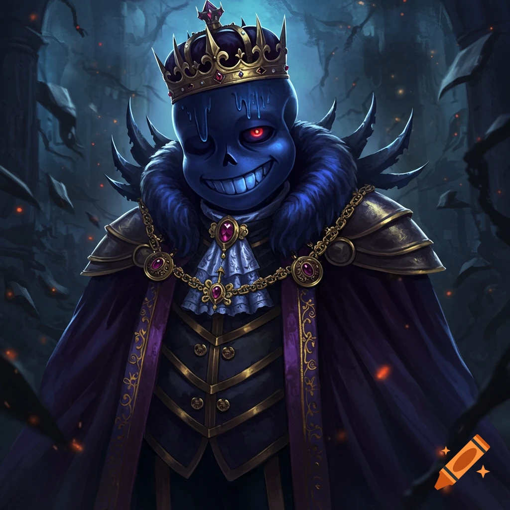 Blue skeleton king in dark royal attire and a crown standing in a ruined environment.