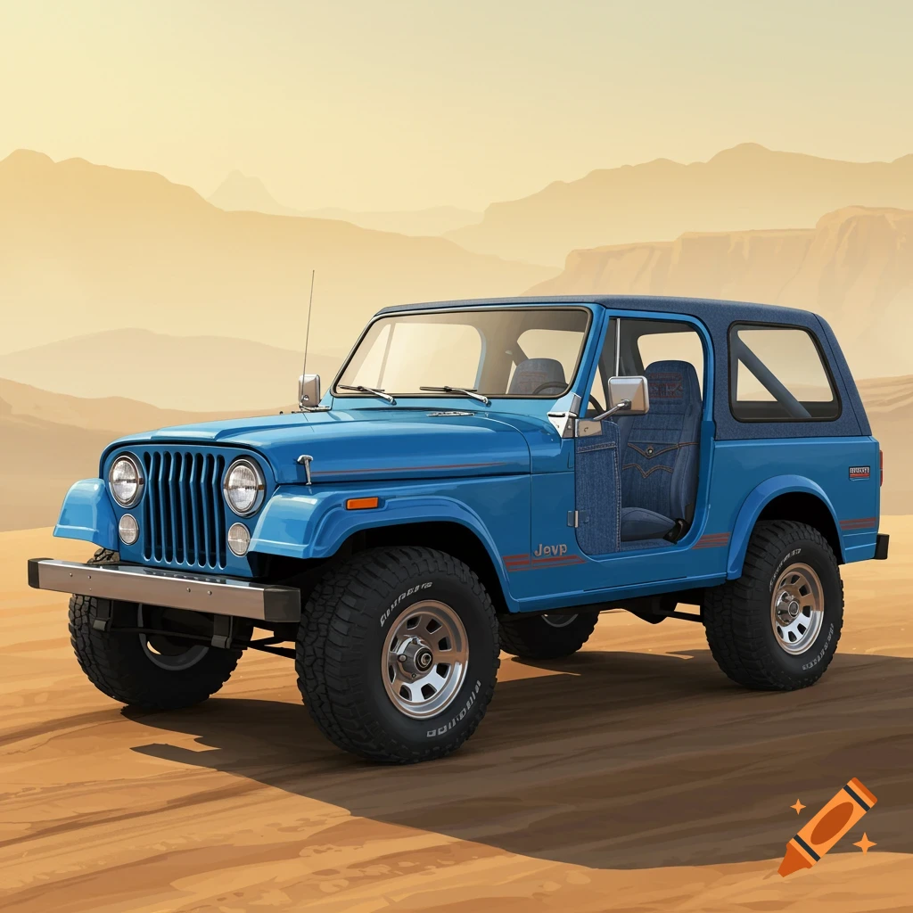 A blue 1978 Jeep in a desert landscape.