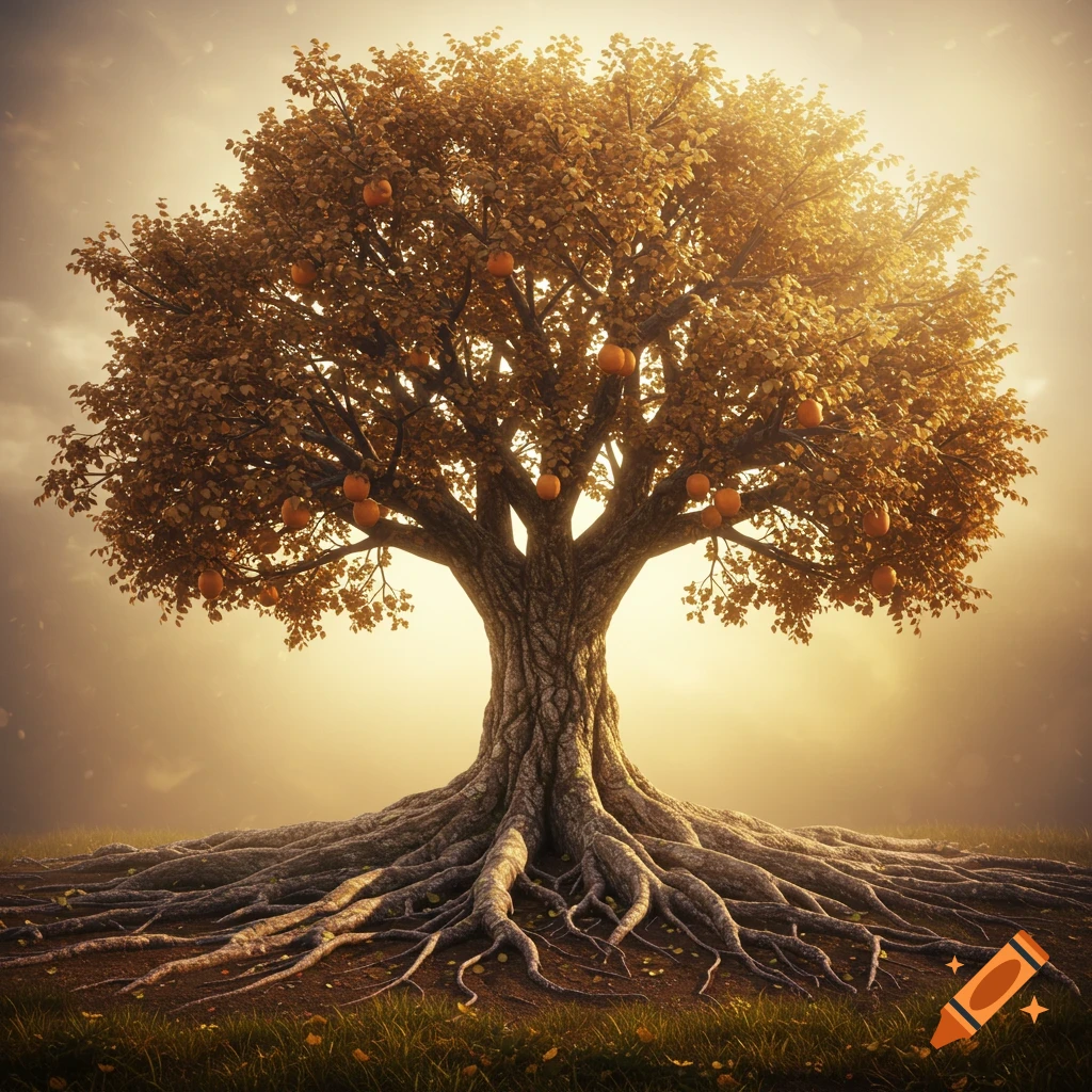 A large tree with exposed roots and orange fruit stands against a warm, glowing sky.
