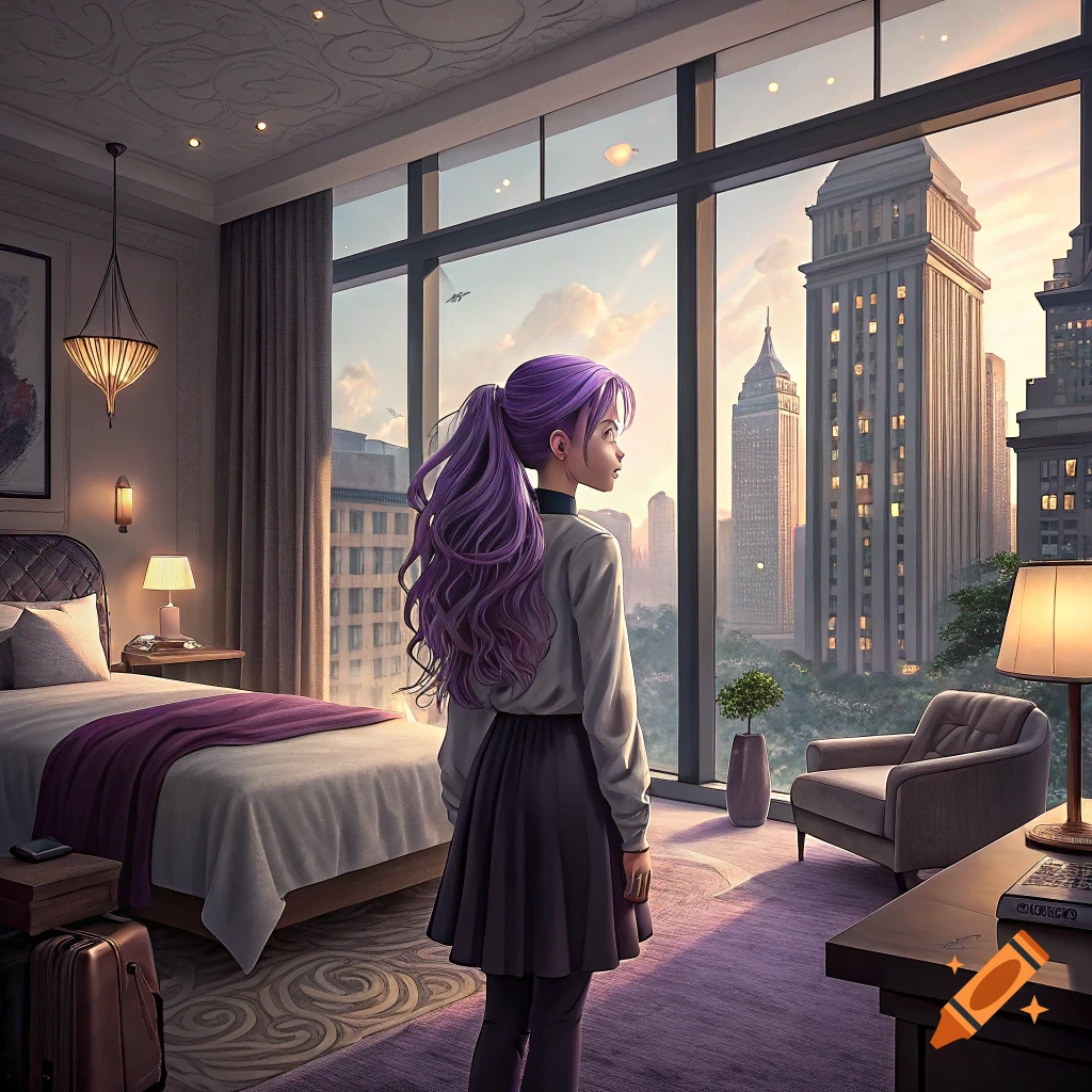 Anime girl with purple hair looks out a hotel window at a city skyline.