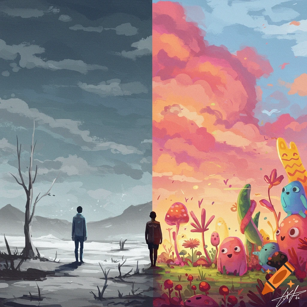 A split scene showing a person in a desolate gray landscape and another in a vibrant fantasy world with colorful creatures.