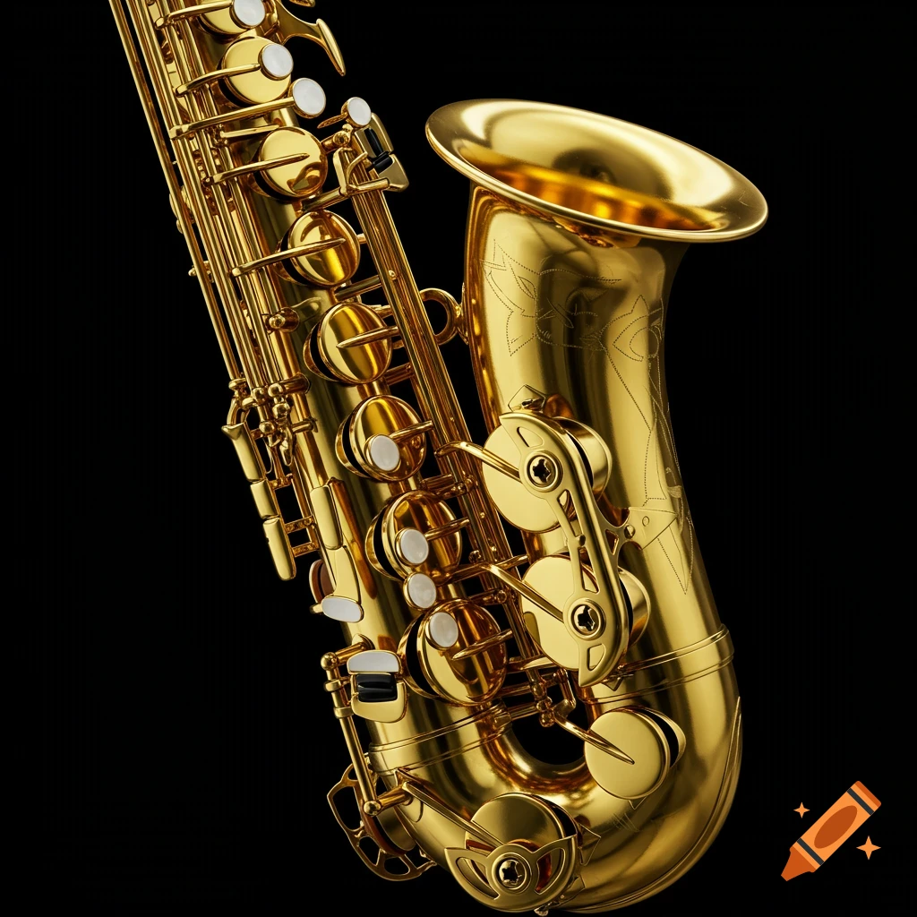 A detailed close-up of a golden saxophone against a black background.