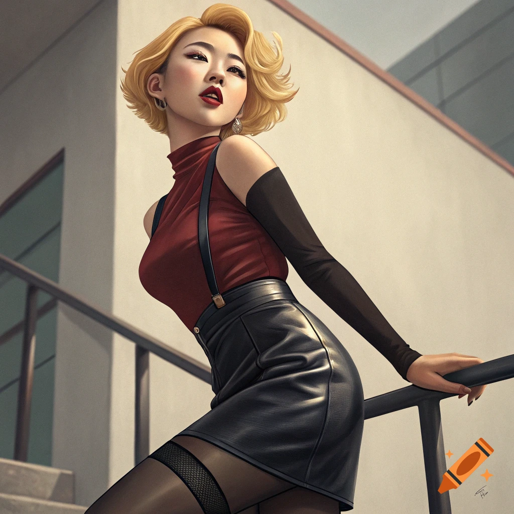 Stylish woman in red top, leather skirt, and fishnet stockings leans on railing.