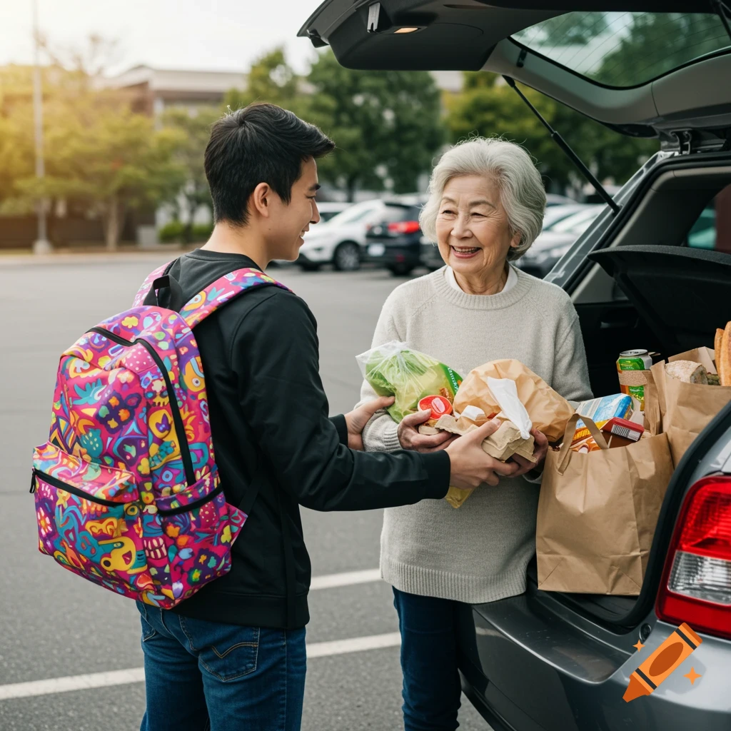 A young person with a colorful backpack helps an older person load groceries into a car trunk in a parking lot.
