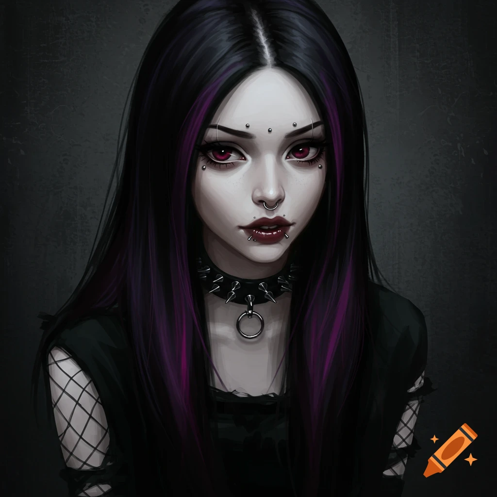 Portrait of a goth woman with piercings, dark hair, purple streaks, and a spiked choker.