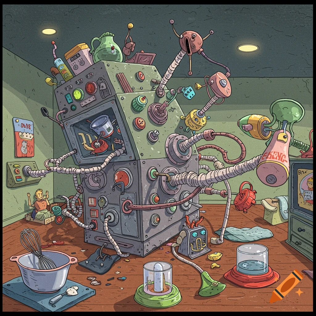 A complex, bizarre Dr. Seuss-style machine fills a room, connected to various objects like a mixing bowl and cat feeder.