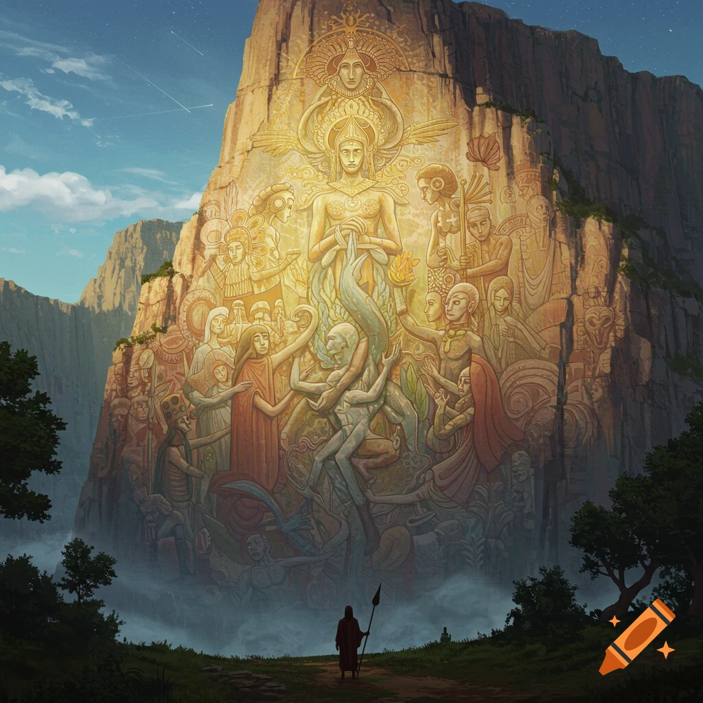A colossal relief mural carved into the side of a mountain, depicting many intertwined figures, with a lone person standing below.