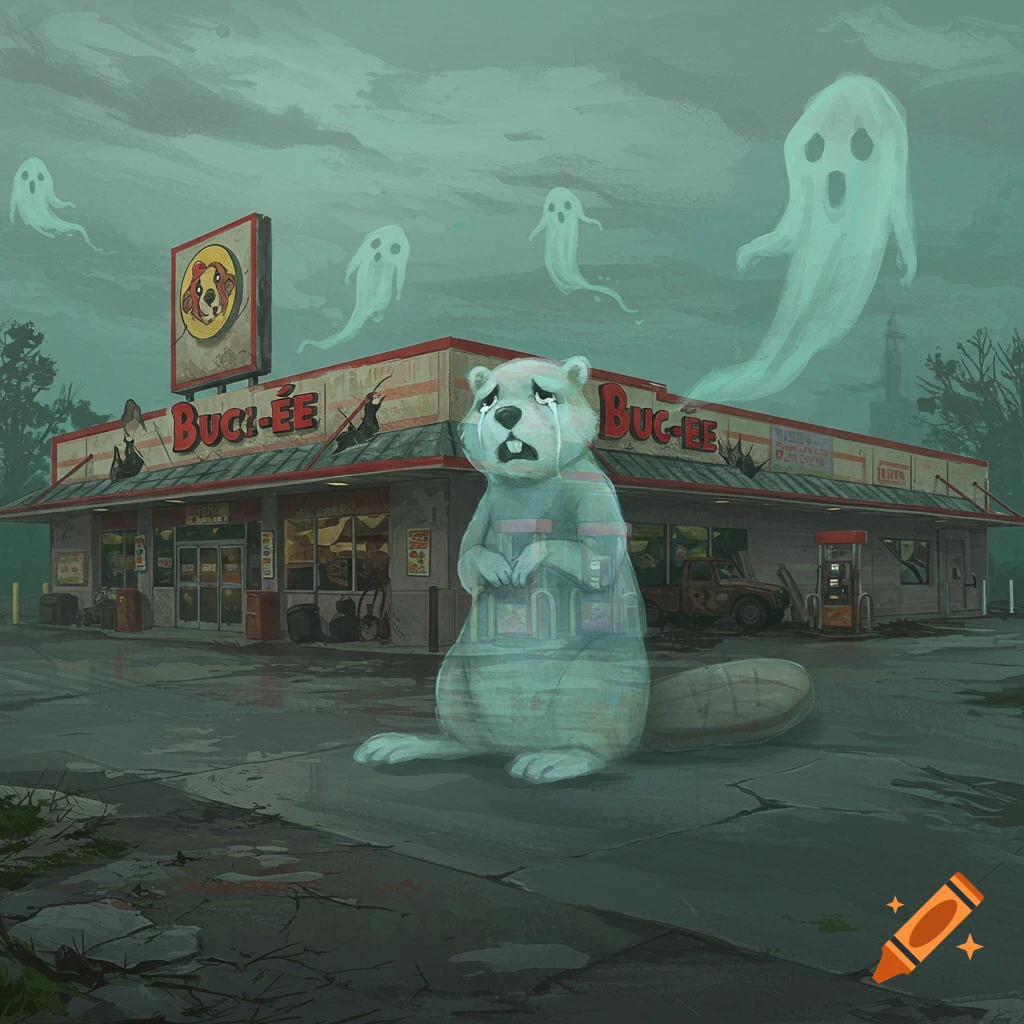 Crying ghostly beaver and ghosts outside a Buc-ee's gas station.
