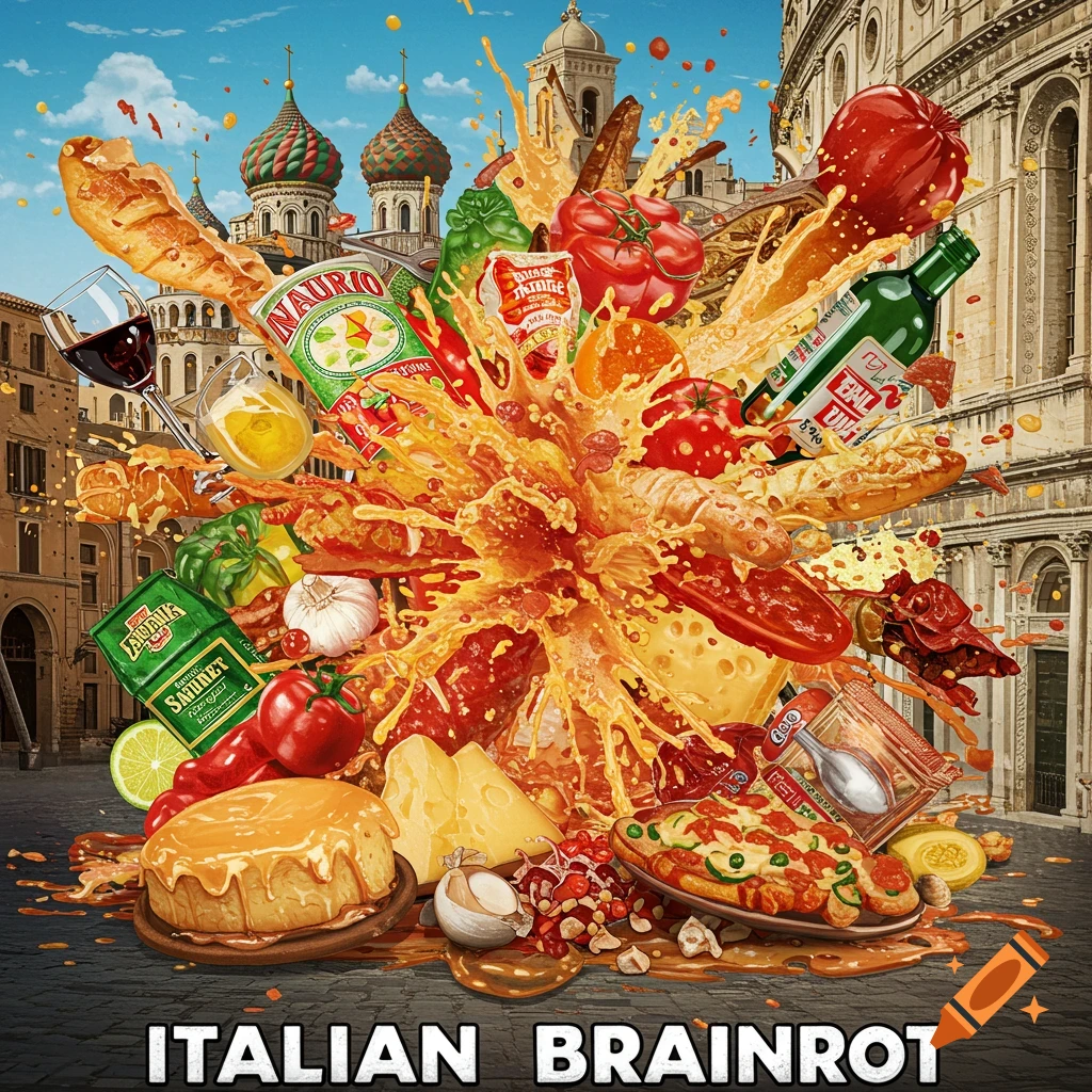 Surreal explosion of Italian food items over a cityscape, with 'ITALIAN BRAINROT' text below