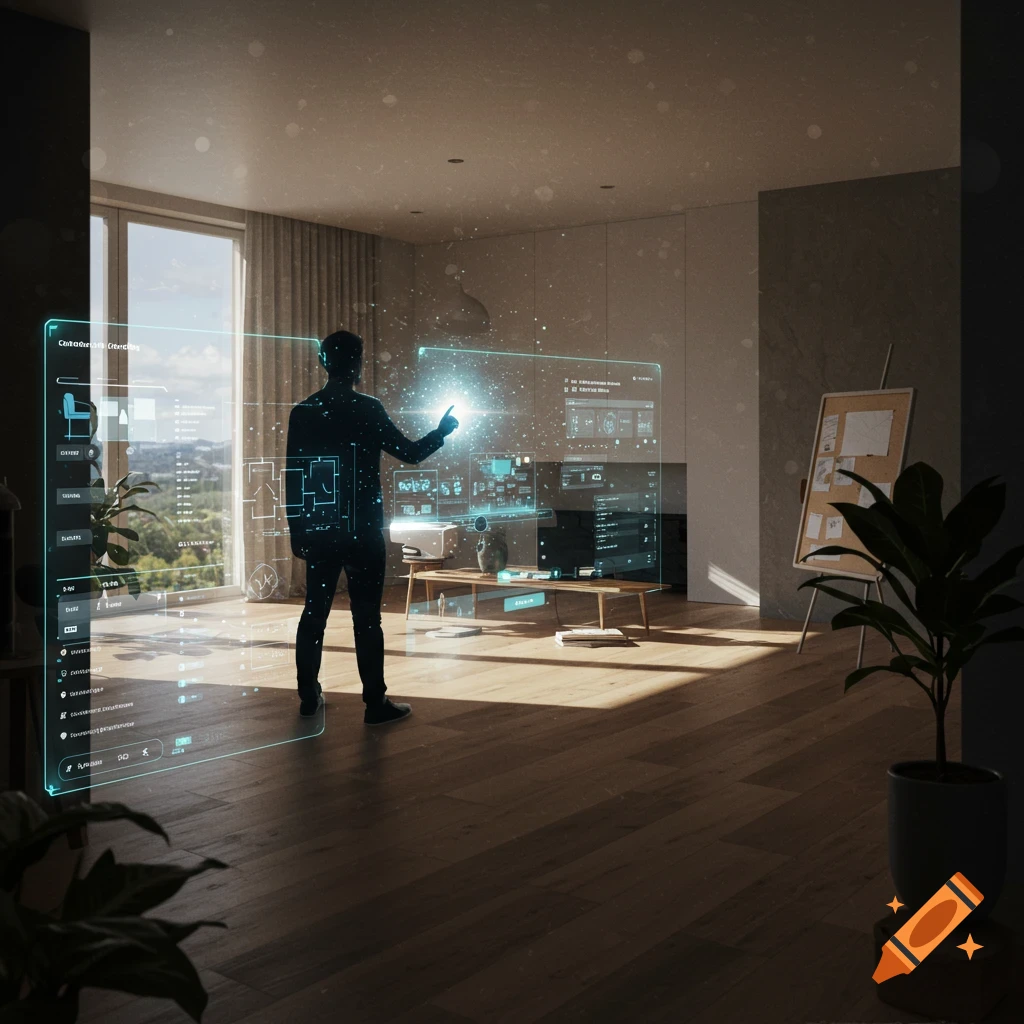 Silhouette interacts with large holographic interface in a modern room with sunlight.