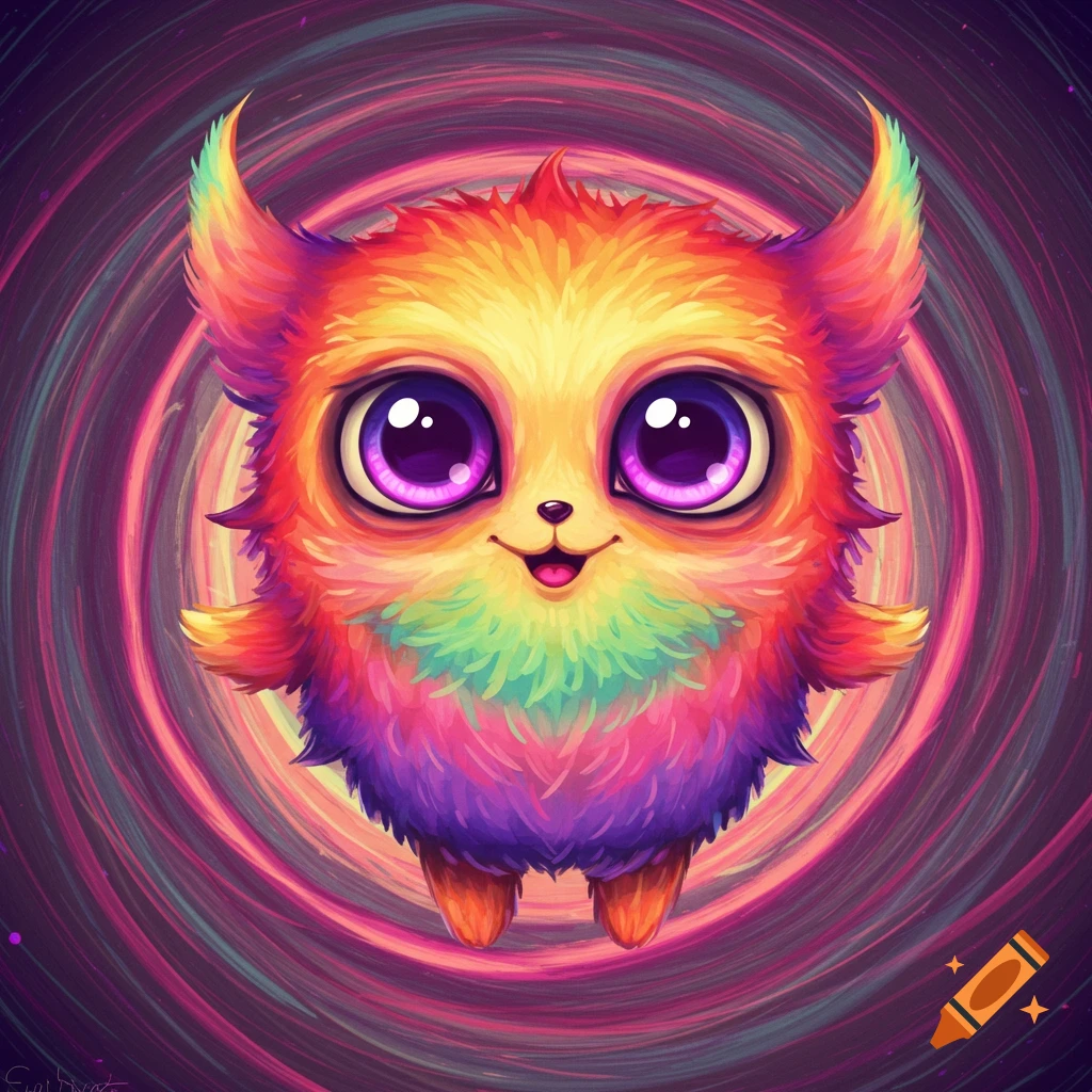 A cute, colorful, furry creature with large purple eyes against a swirling background.