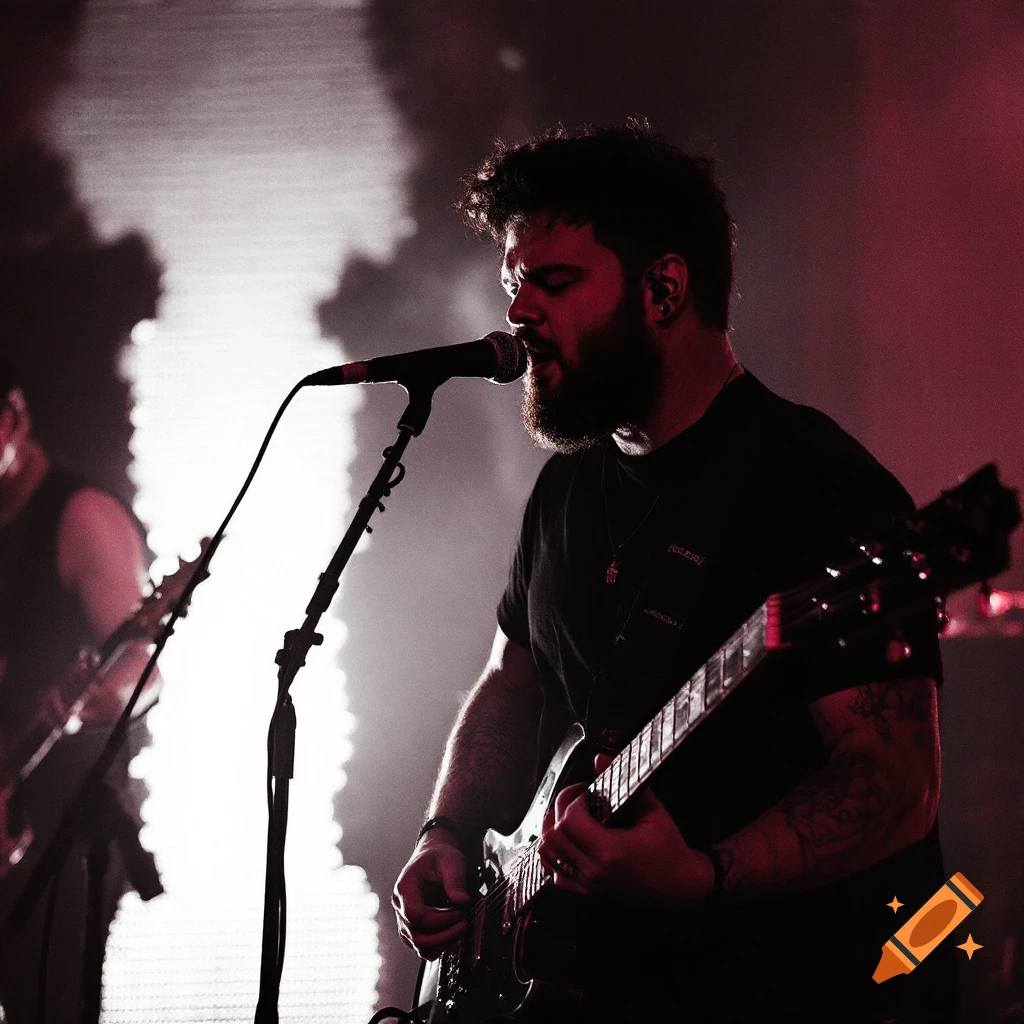 Musician singing and playing guitar on stage under red light