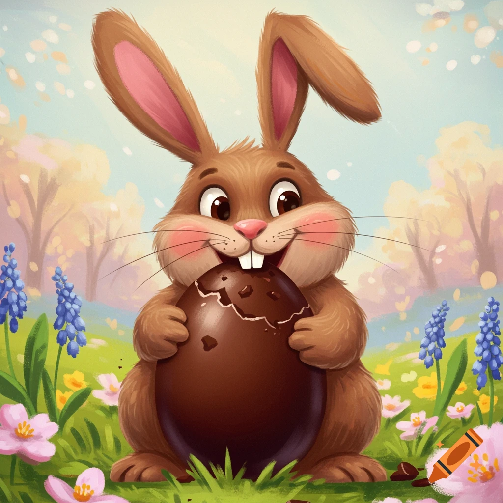 Illustrative brown Easter bunny eating chocolate egg in a spring meadow.