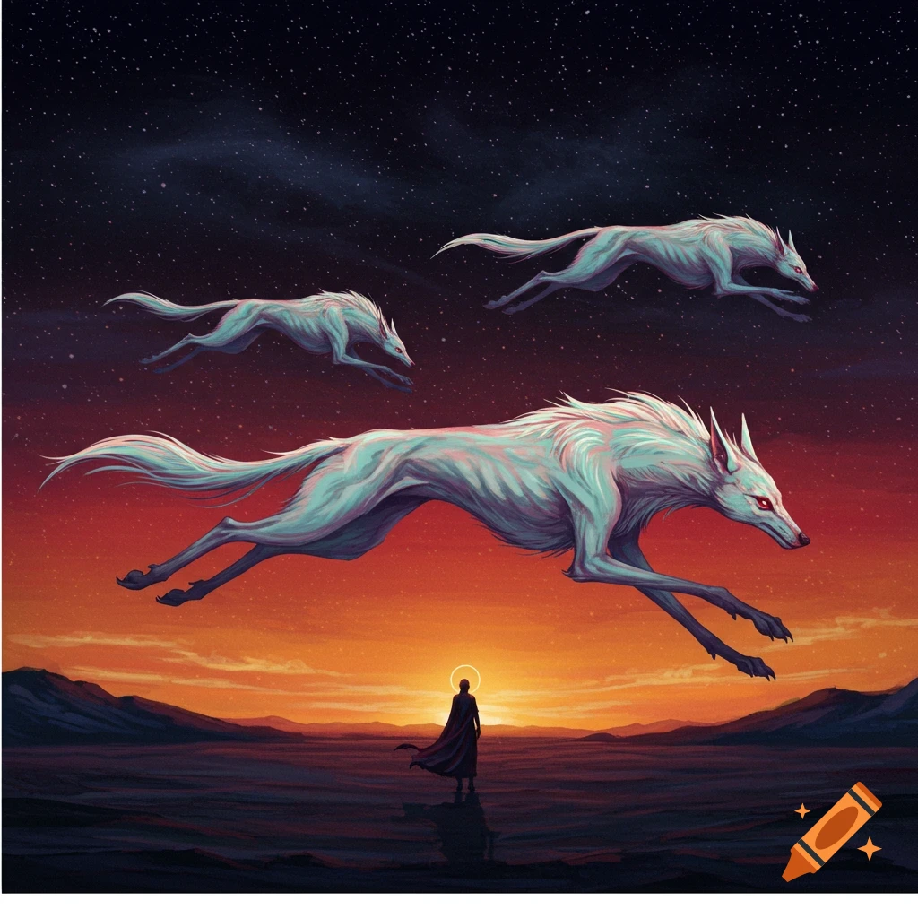 Three ethereal hounds leap across a starry sunset sky above a cloaked figure.