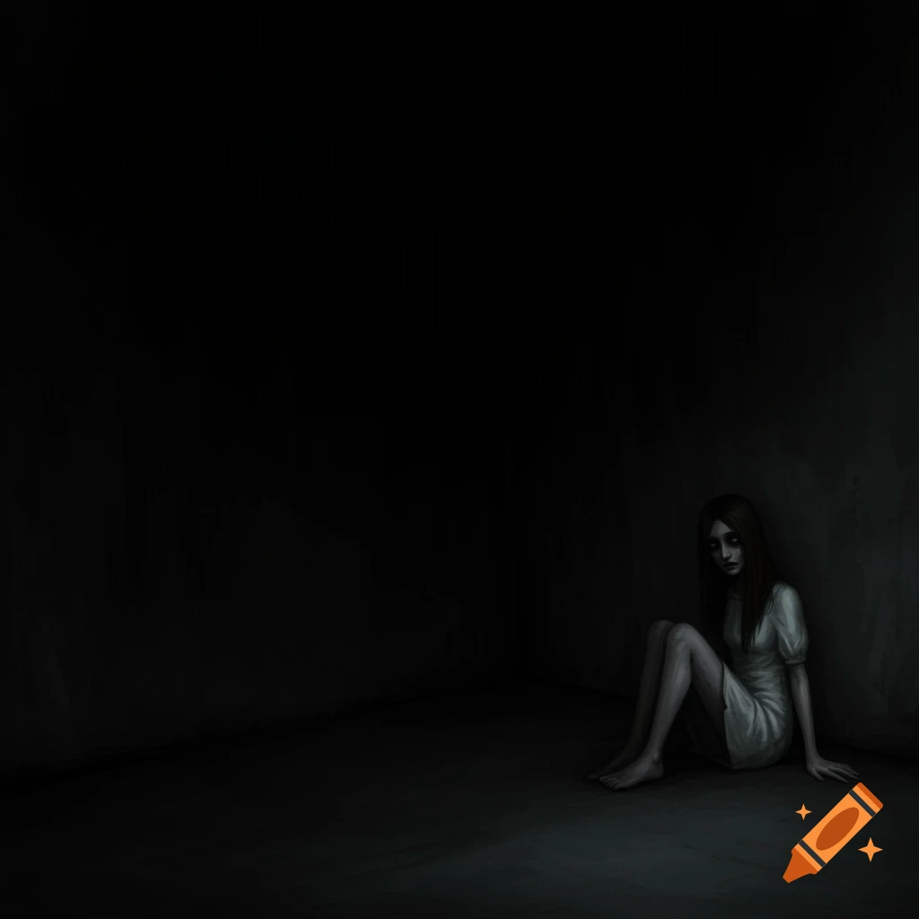A scared, skinny girl sits in the corner of a dark, empty room.