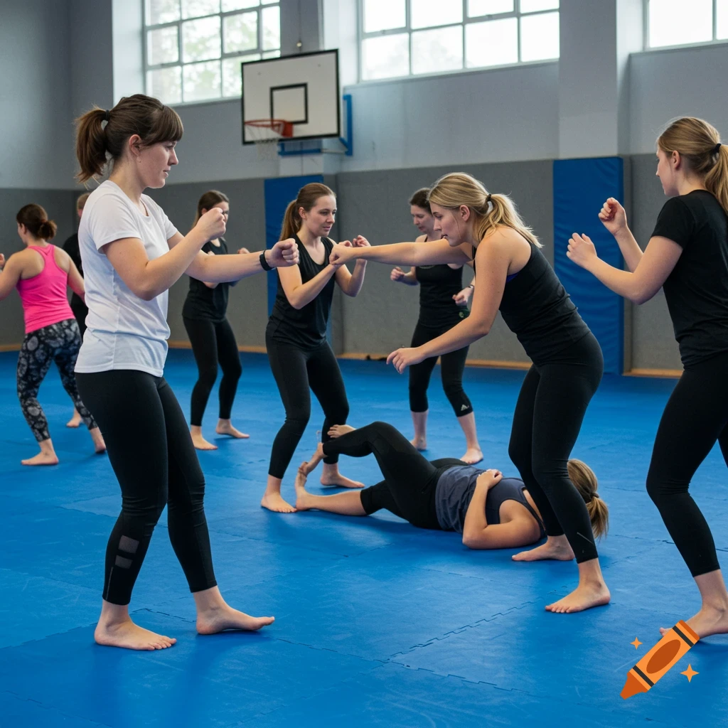 Women practice self defense moves on blue mats in a gym