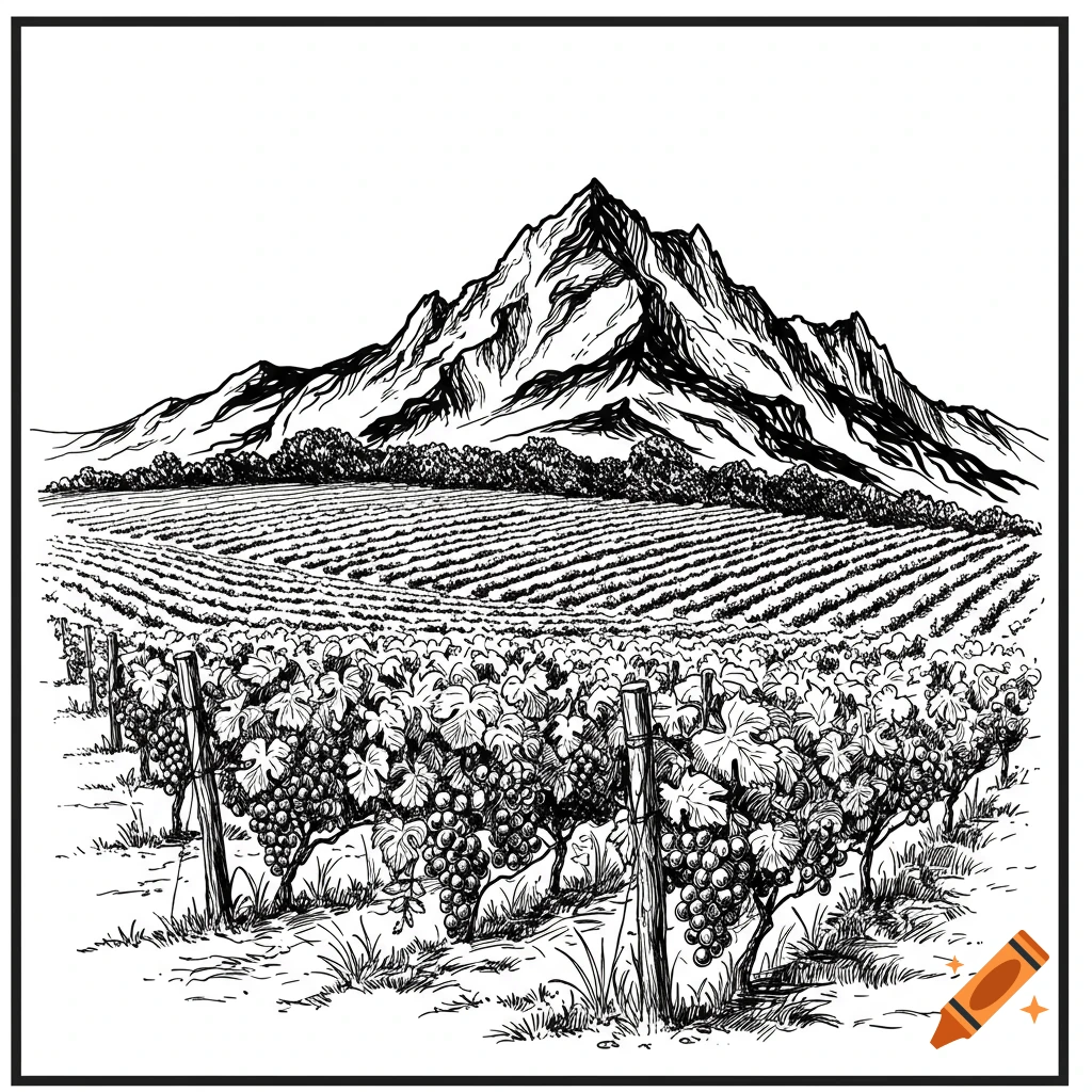 A black and white hand-drawn illustration of a vineyard with a mountain range in the background.