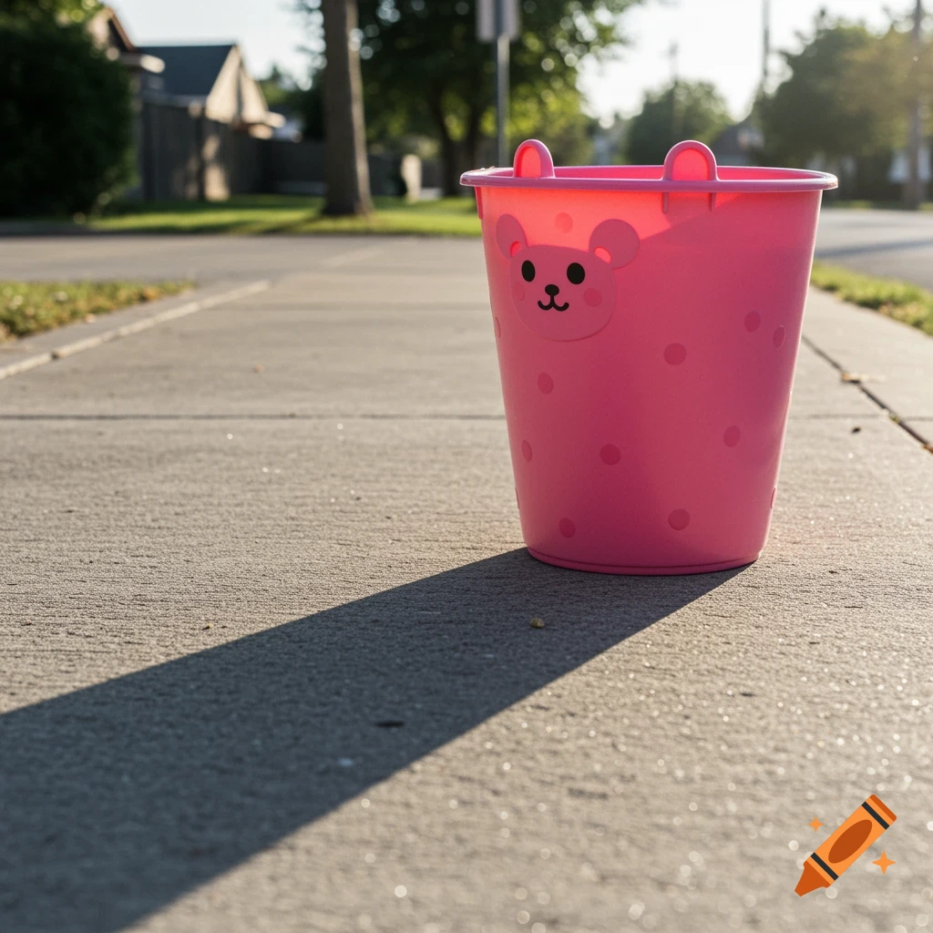A pink trash tote with a bear face sits on a concrete sidewalk casting a long shadow.