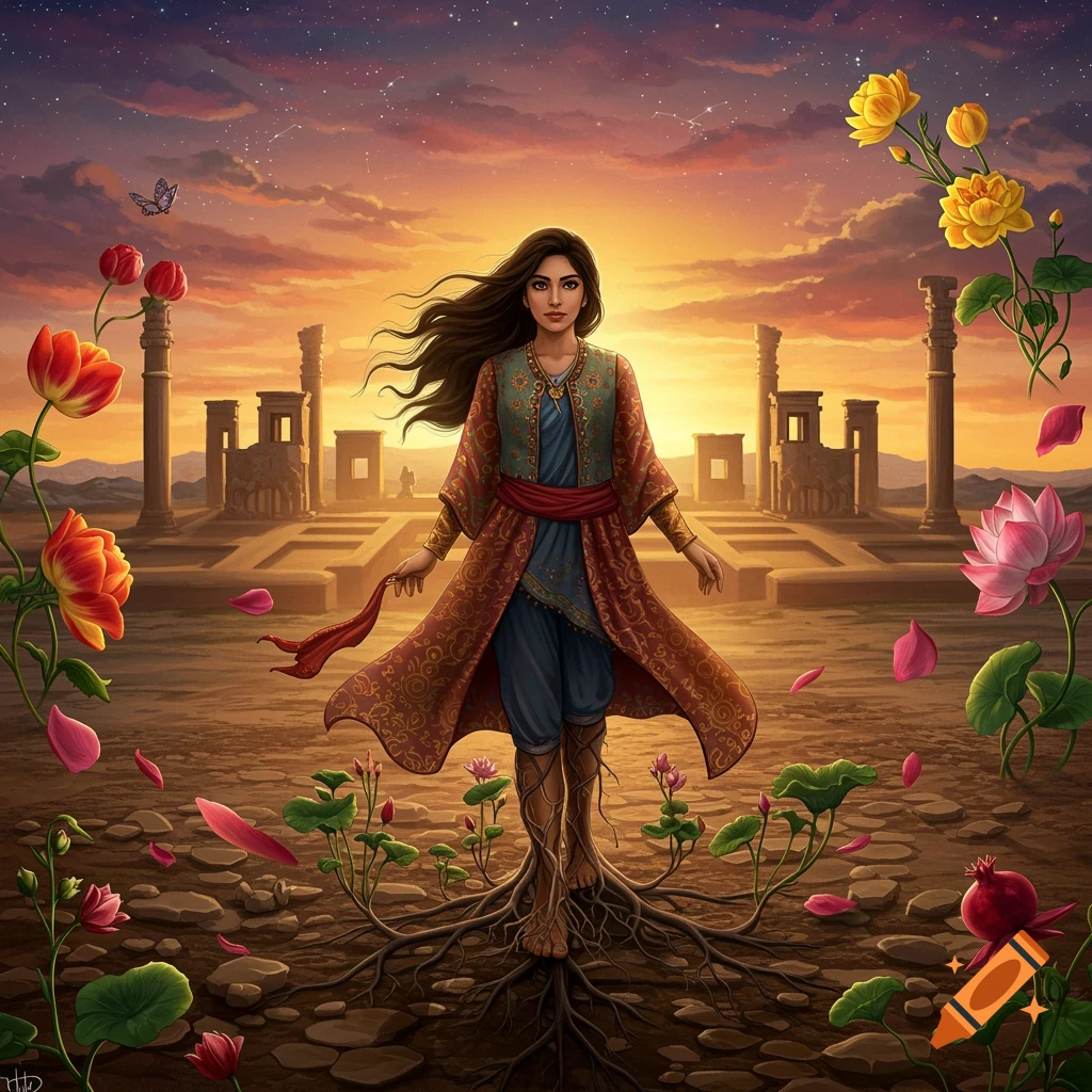 A woman with roots for feet is standing in ruins among flowers at sunset.