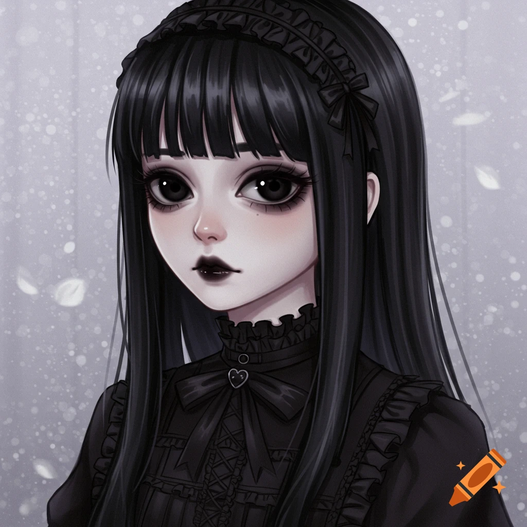 Anime portrait of a girl with black hair, dark eyes, and gothic clothing.