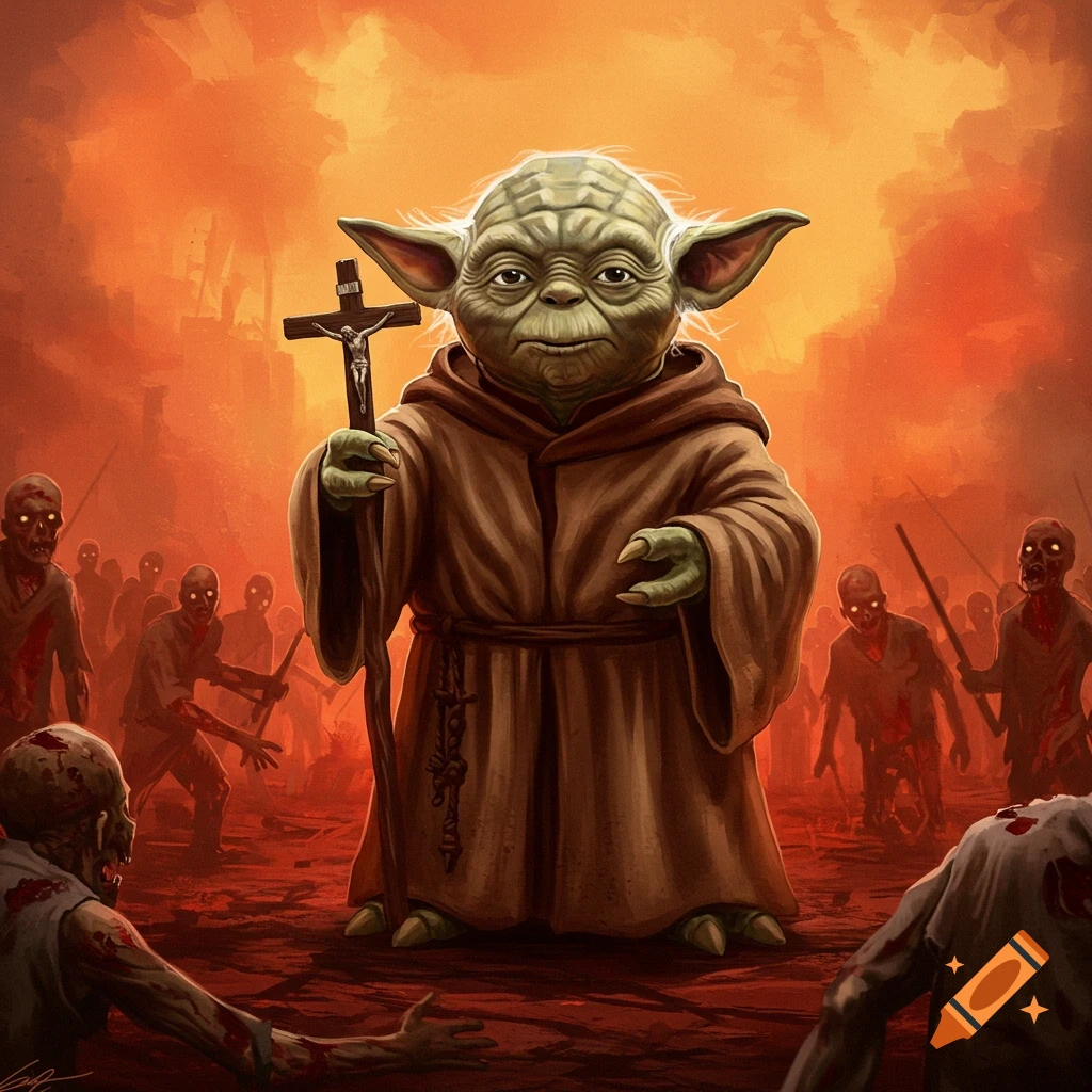 Yoda is holding a crucifix in an apocalyptic scene surrounded by zombies.